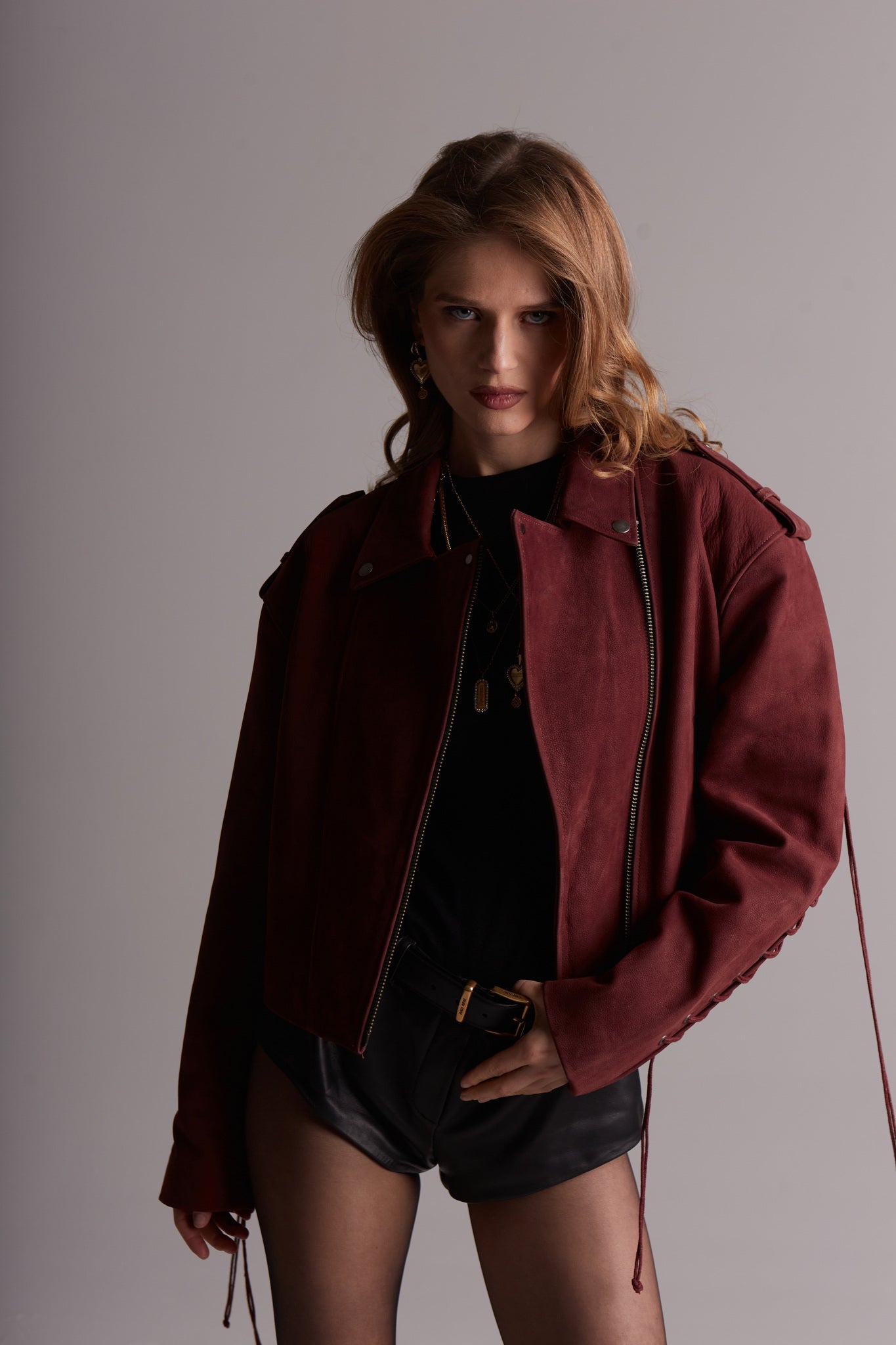 Bordeaux Leather Jacket with Laces KALINKA FURS