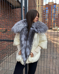 Goose down jacket with natural fux collar. Geaca cu puf de gasca si guler din blana naturala de vulpe polara KALINKA FURS