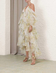 Jenny Rochie midi cu detaliu din tul floral portocaliu crem