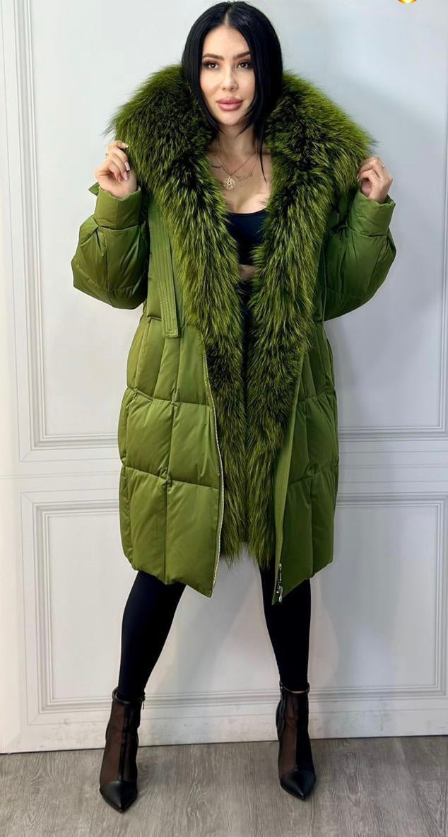 Winter Jacket Down Swan Fox Collar. Jacheta de iarna din puf de lebada si guler din vulpe KALINKA FURS