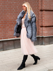 Isabela Haină scurtă din blană naturală de vulpe argintie cu guler englezesc