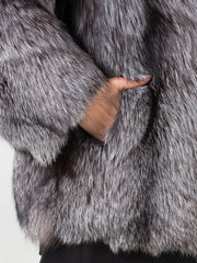 Irina Haină scurtă din blană naturală de vulpe argintie cu guler în formă de V