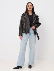 Black Vintage Leather Jacket KALINKA FURS