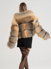 Daria Haină scurtă din blană naturală de vulpe de stepă, cu glugă
