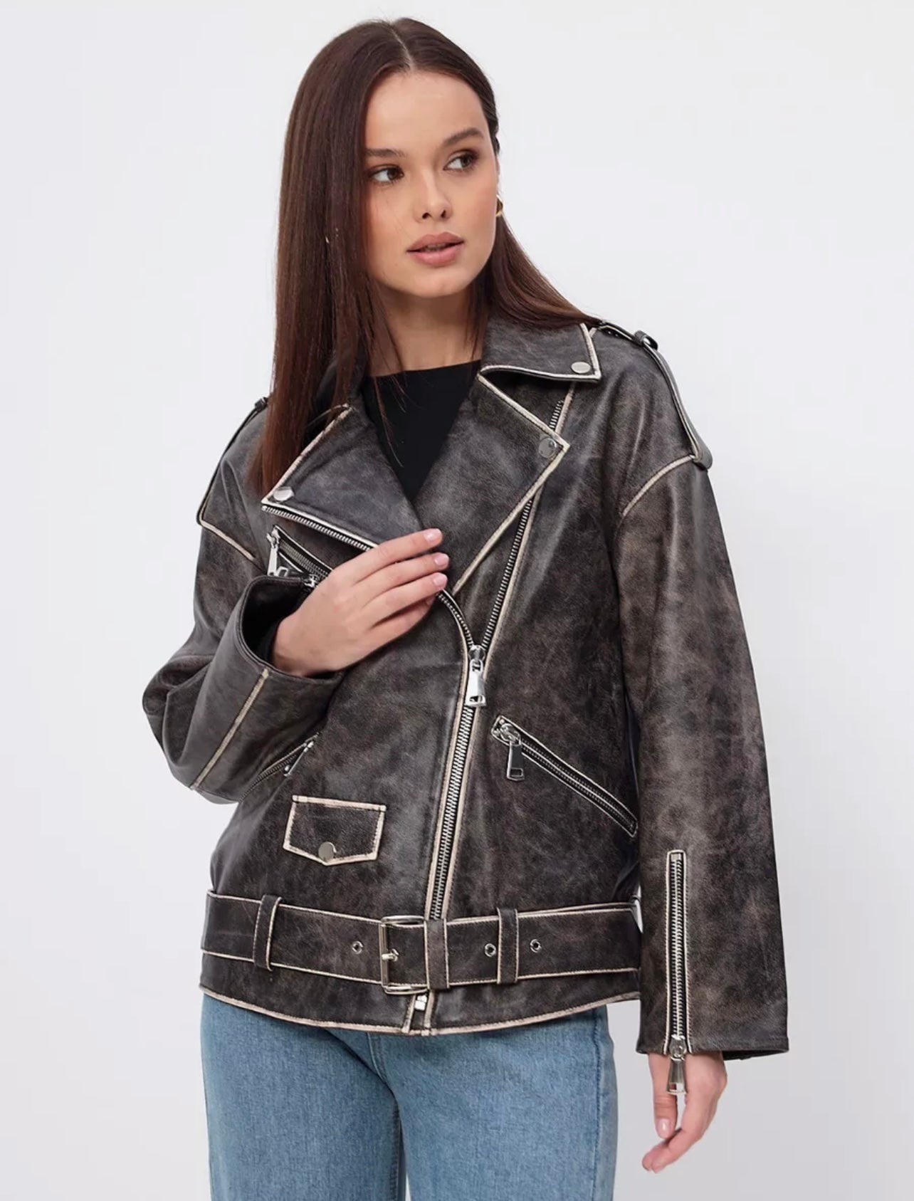 Vintage effect leather jacket. Jacheta din piele naturala efect vintage KALINKA FURS