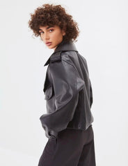 Oversized leather jacket with eppoulettes. Jacheta oversized cu epoleti KALINKA FURS