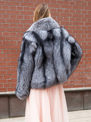 Isabela Haină scurtă din blană naturală de vulpe argintie cu guler englezesc