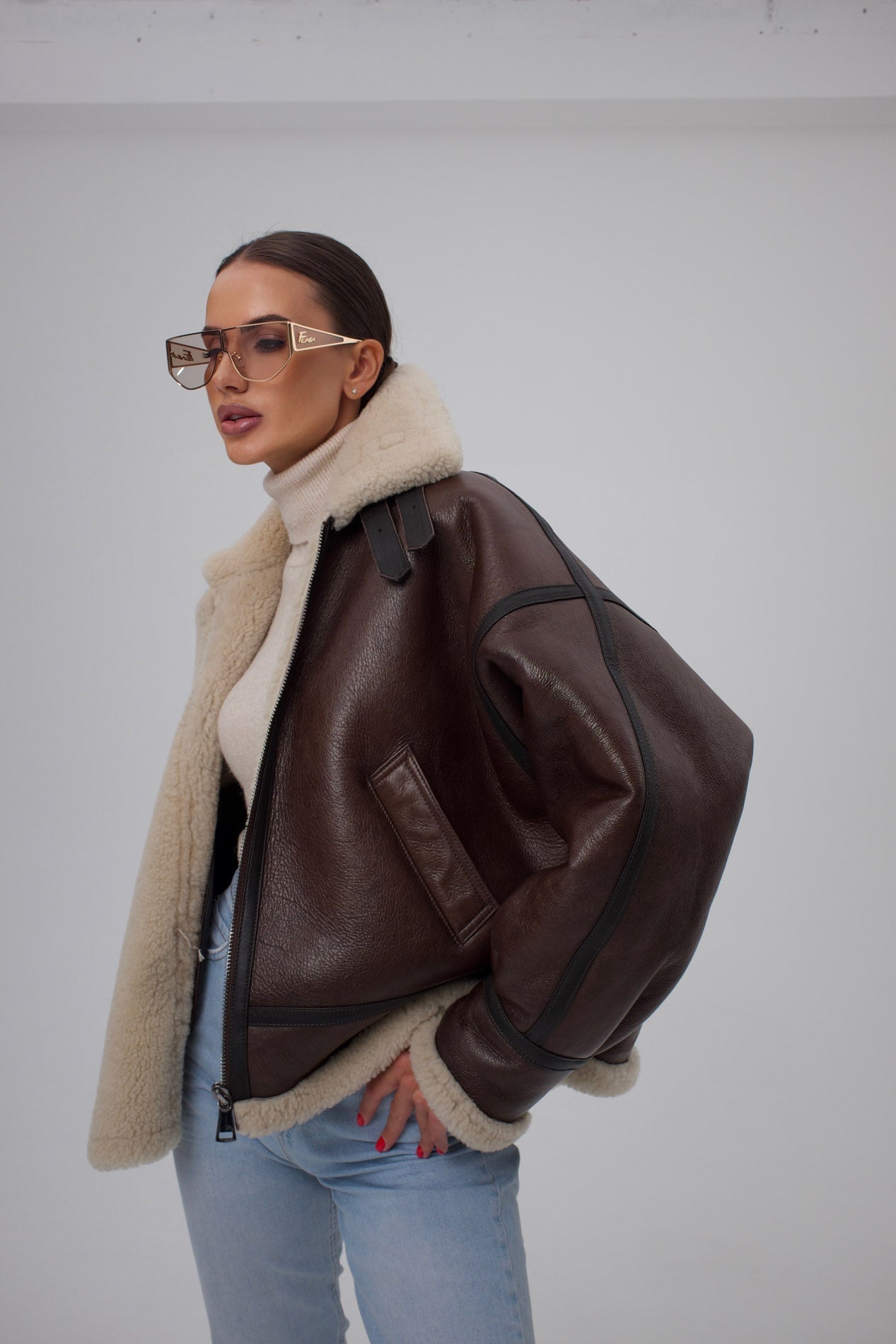 Natural shearling jacket brown leather. Cojoc din blana naturala de oaie KALINKA FURS