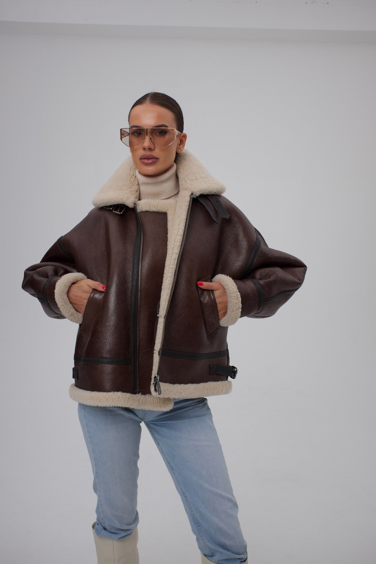 Natural shearling jacket brown leather. Cojoc din blana naturala de oaie KALINKA FURS