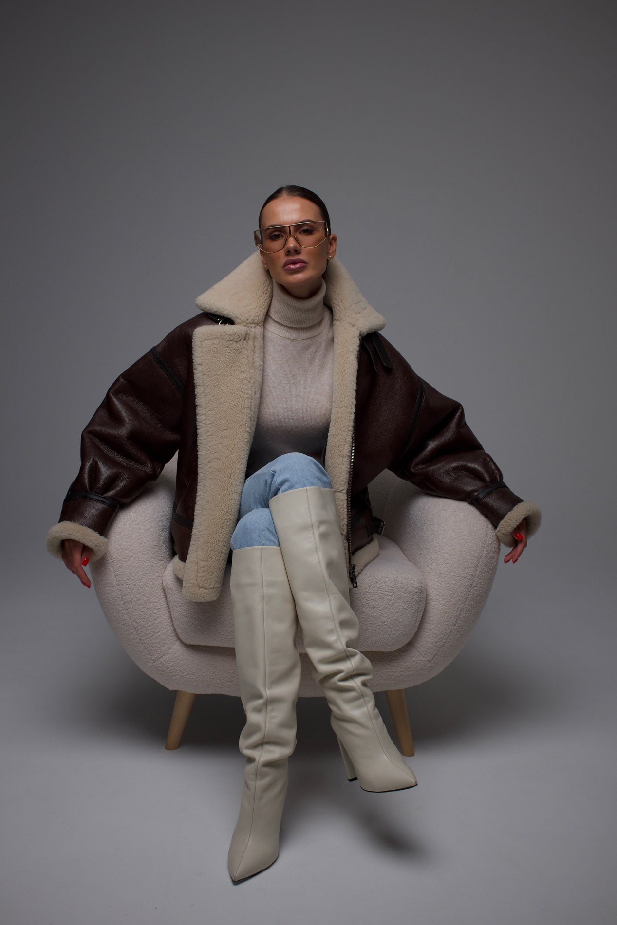 Natural shearling jacket brown leather. Cojoc din blana naturala de oaie KALINKA FURS