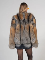 Irina Haină scurtă din blană naturală de vulpe argintie cu guler în formă de V