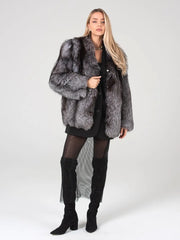 Irina Haină scurtă din blană naturală de vulpe argintie cu guler în formă de V