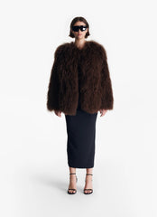 Olya Mongolian sheepskin coat. Chanel type collar. Length 60cm