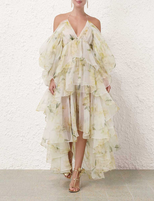 Jenny Rochie midi cu detaliu din tul floral portocaliu crem