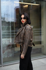 Simina geaca naturala biker vintage gri cu efect spalat