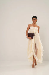 Zenya tulle maxi dress with ruffles and layers, in neutral colors