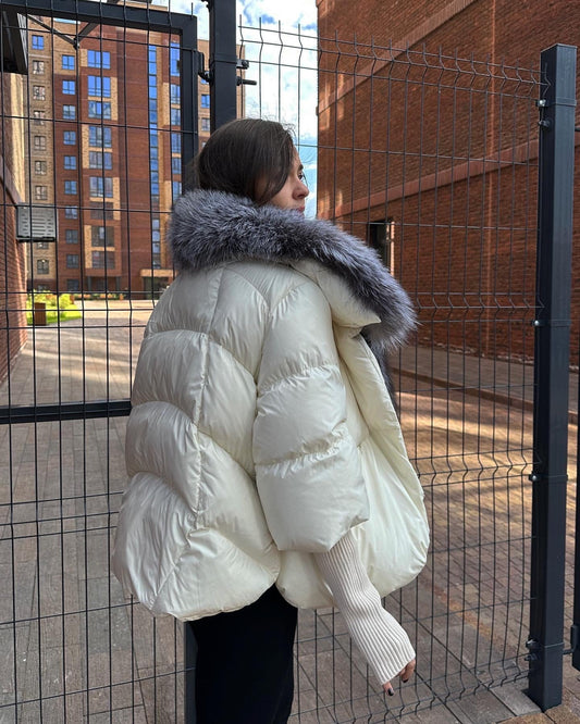 Goose down jacket with natural fux collar. Geaca cu puf de gasca si guler din blana naturala de vulpe polara KALINKA FURS