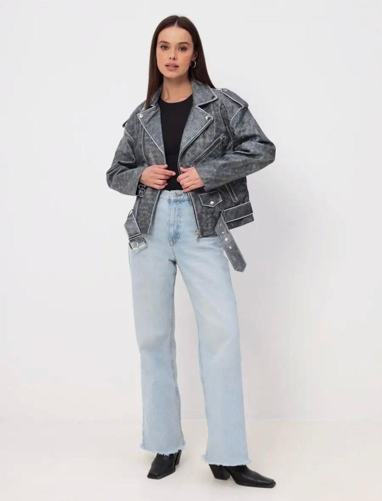 Washed effect biker jacket. Jacheta cu efect washed in gri KALINKA FURS