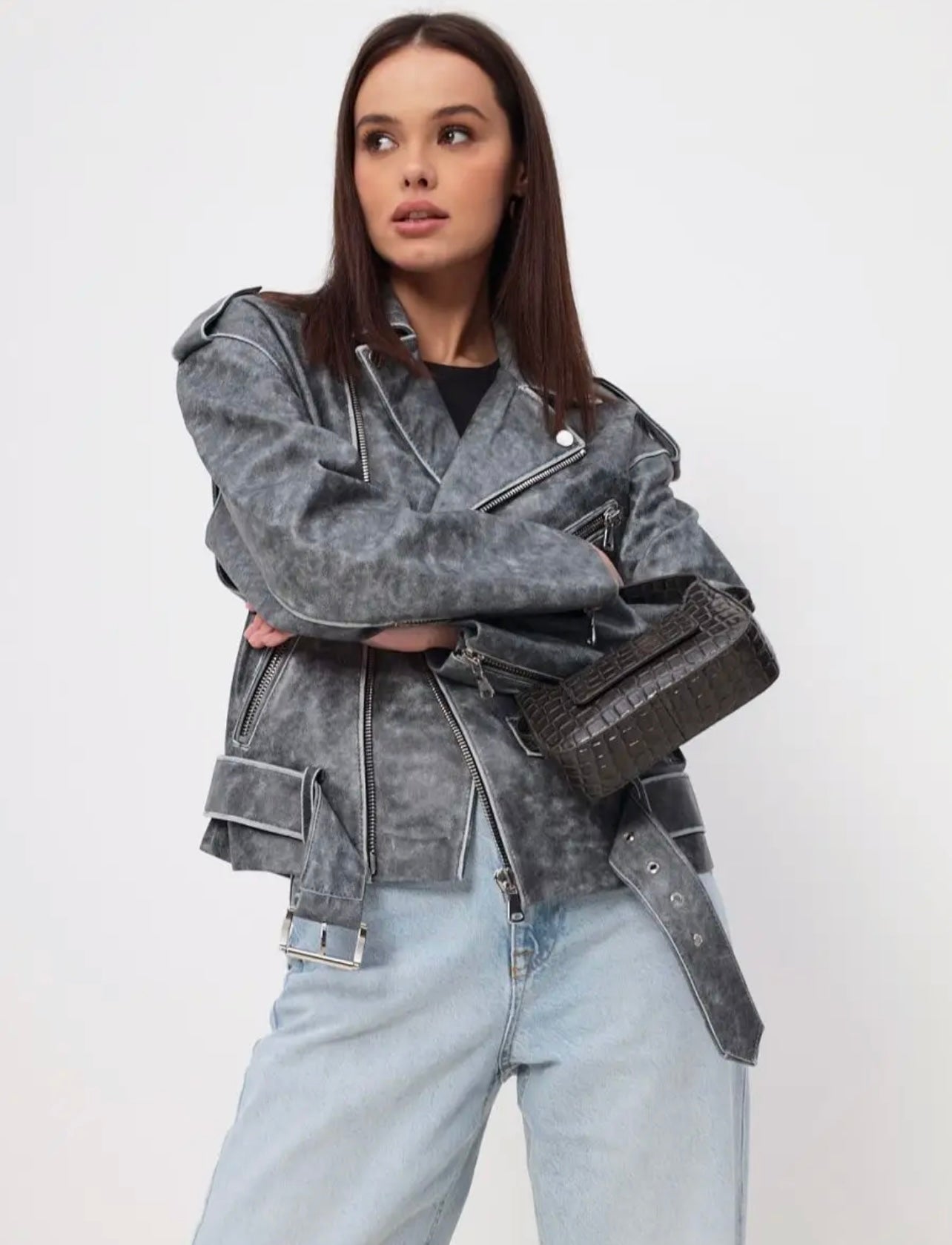 Washed effect biker jacket. Jacheta cu efect washed in gri KALINKA FURS