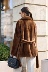 Irma Velvet natural mink coat, straight cut, with English collar and drawstring
