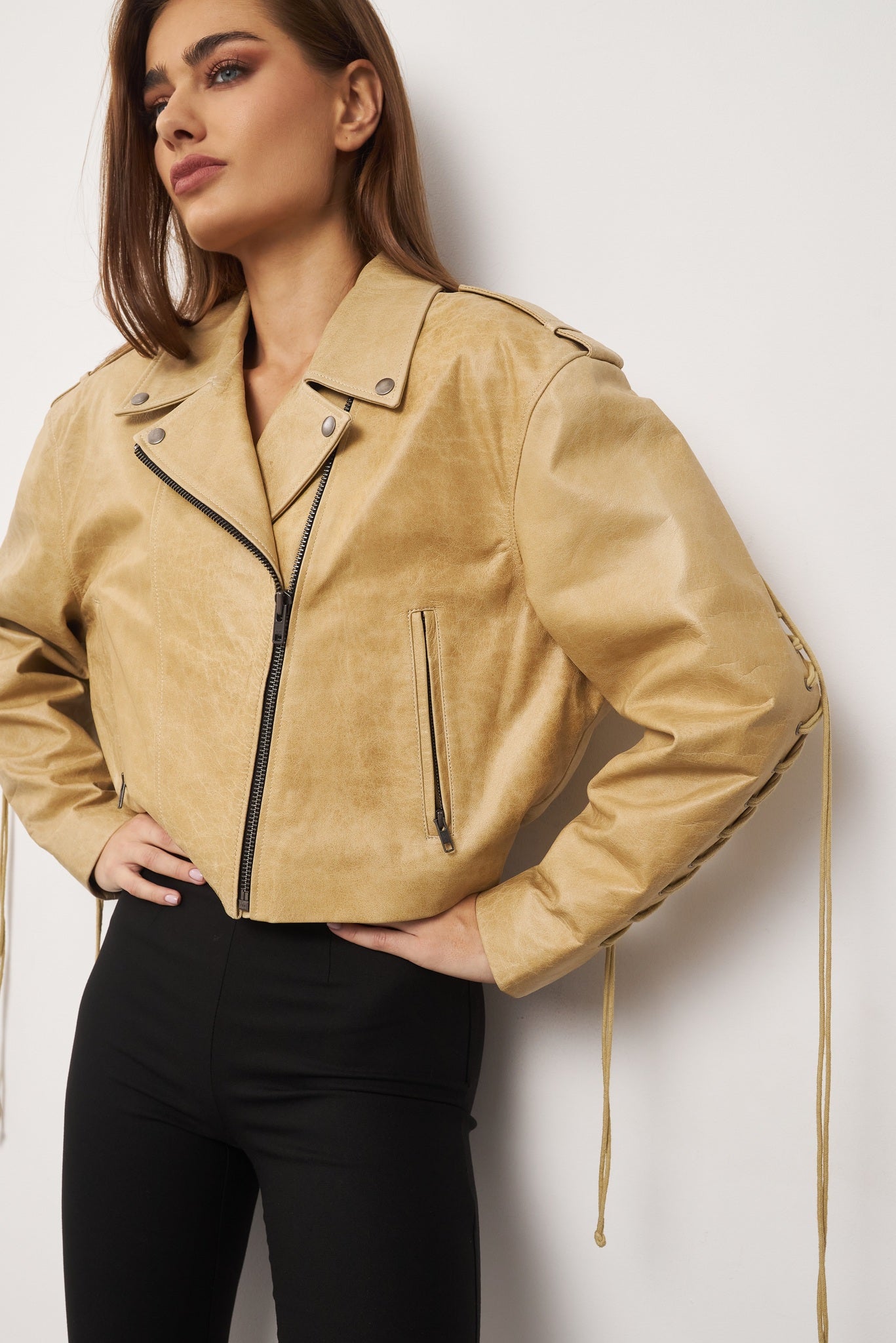 Beige Leather Jacket with Laces. Geaca din piele naturala bej KALINKA FURS
