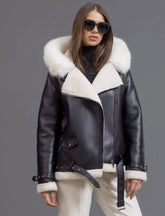 Black Pilot Effect Leather Shearling. Cojoc de iarna cu blana naturala KALINKA FURS