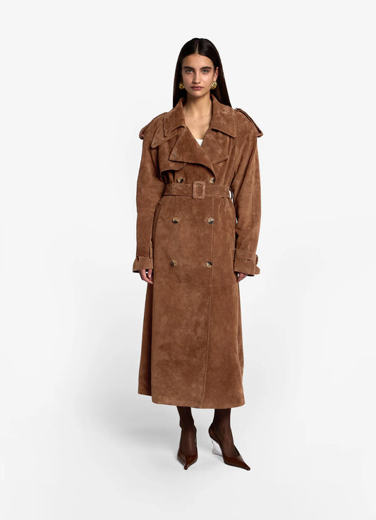 Katerina trench capuccino din piele întoarsă. Lungime 120cm