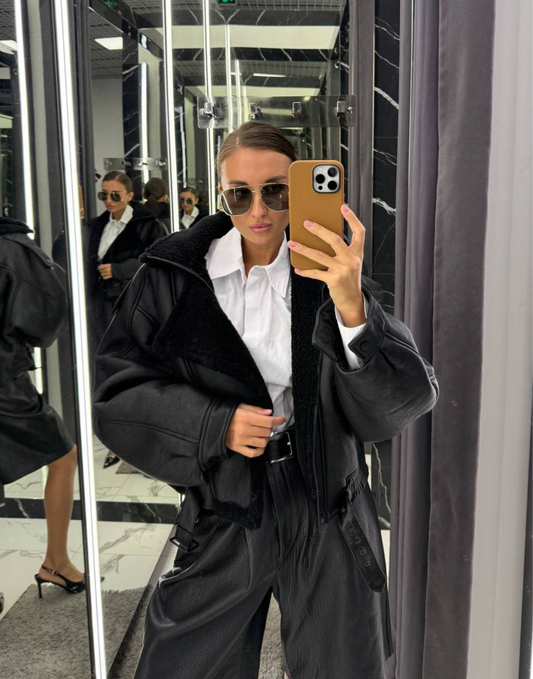 Shearling Jacket in Black. Cojoc din lana de oaie KALINKA FURS