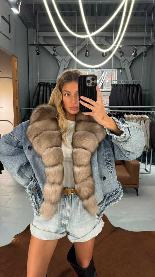 Denim Jacket with Marten Collar. Geaca din blugi cu guler din jder KALINKA FURS