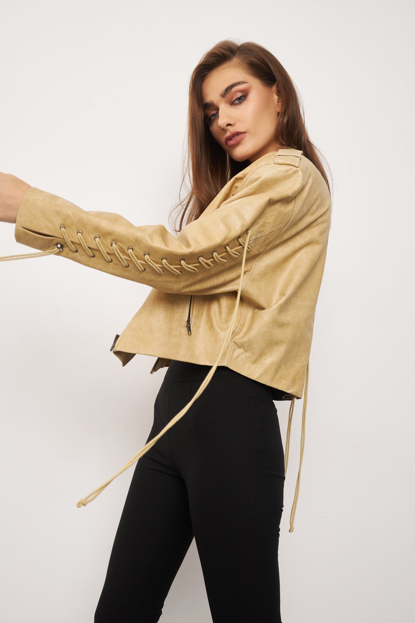 Beige Leather Jacket with Laces. Geaca din piele naturala bej KALINKA FURS