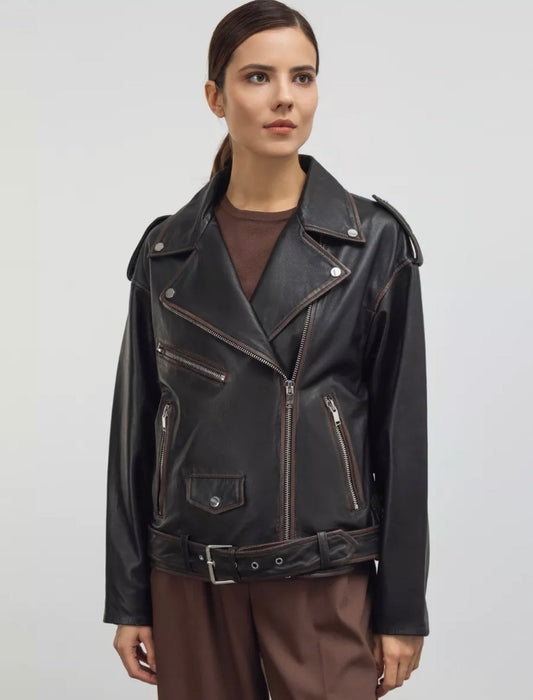 Vintage Black Leather Biker Jacket KALINKA FURS