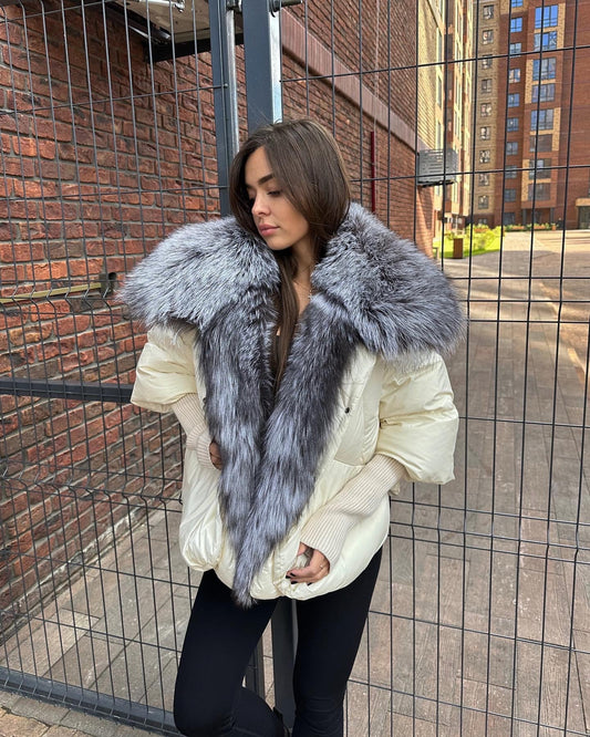 Goose down jacket with natural fux collar. Geaca cu puf de gasca si guler din blana naturala de vulpe polara KALINKA FURS