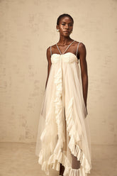 Zenya tulle maxi dress with ruffles and layers, in neutral colors