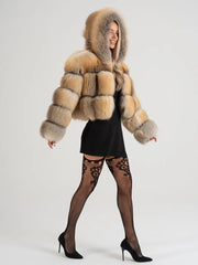 Daria Haină scurtă din blană naturală de vulpe de stepă, cu glugă