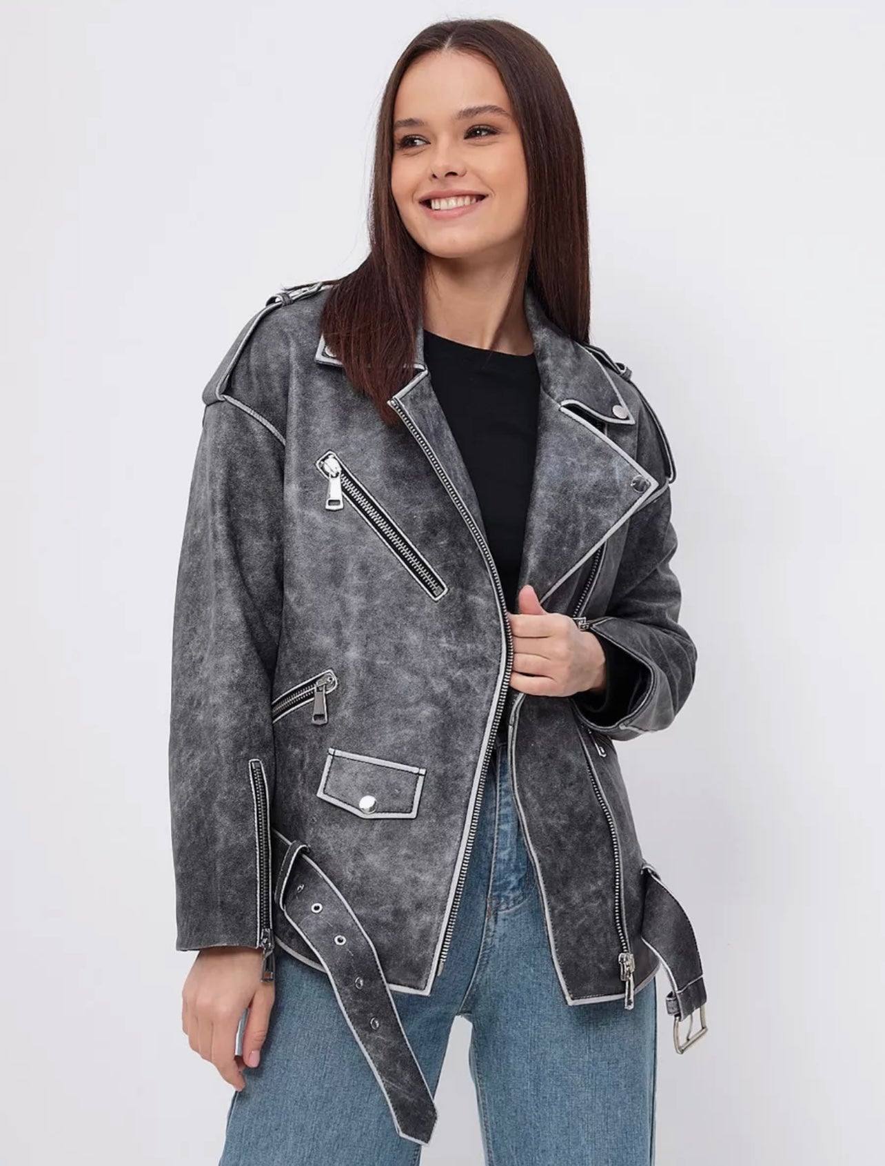 Vintage Effect Oversized Leather Jacket KALINKA FURS