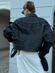 Carmen Geaca biker oversized din piele naturala cu sireturi si maneci detasabile