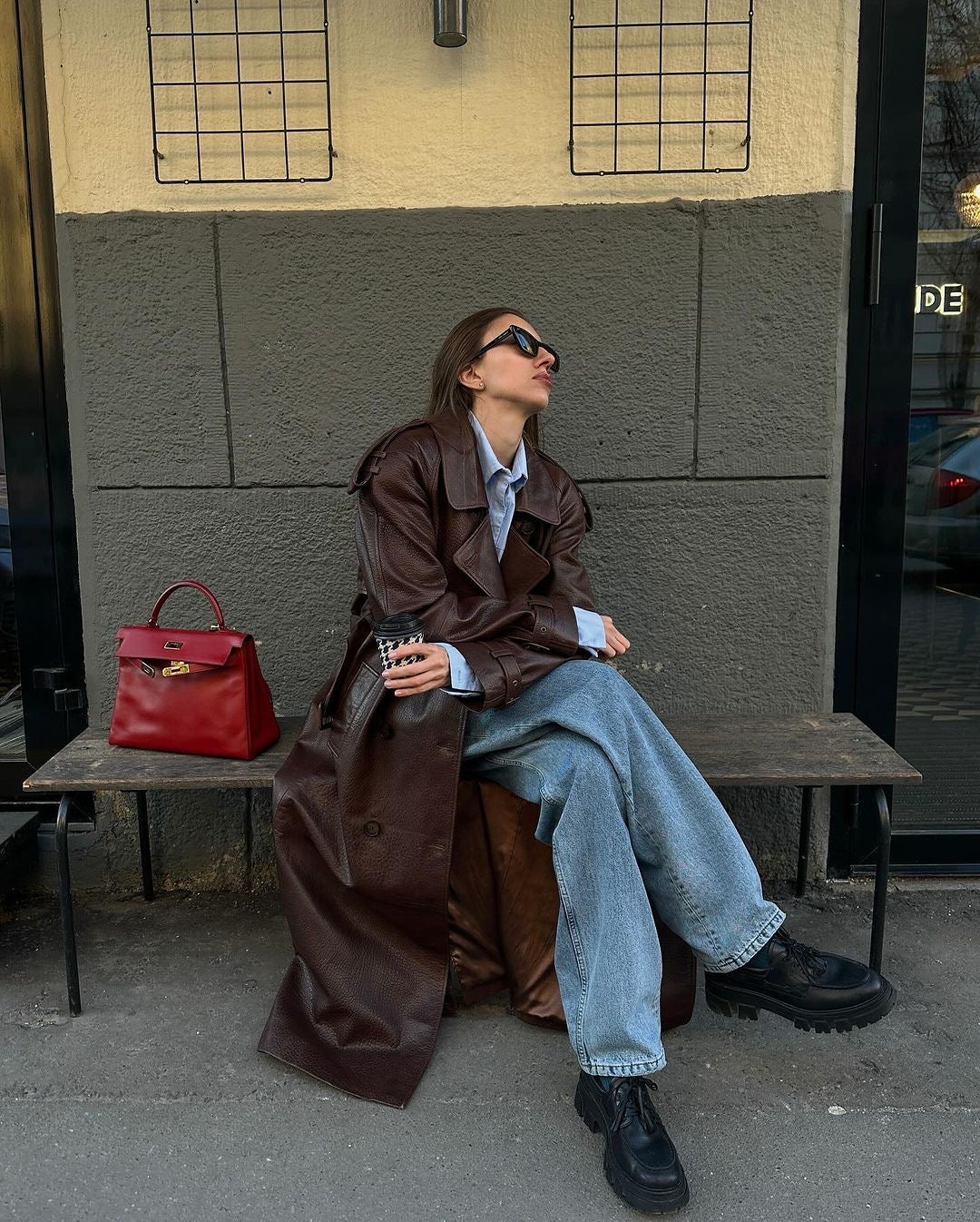 Dark brown leather trench coat length 130cm. Trench din piele naturala maro lungime 130cm KALINKA FURS