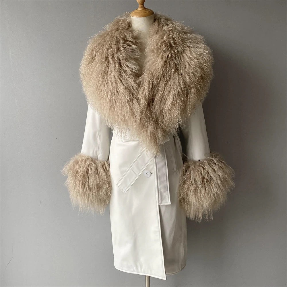 Leather coat with mongolian collar and sleeves. Trench din piele naturala cu blana mongoleza la guler si maneci KALINKA FURS
