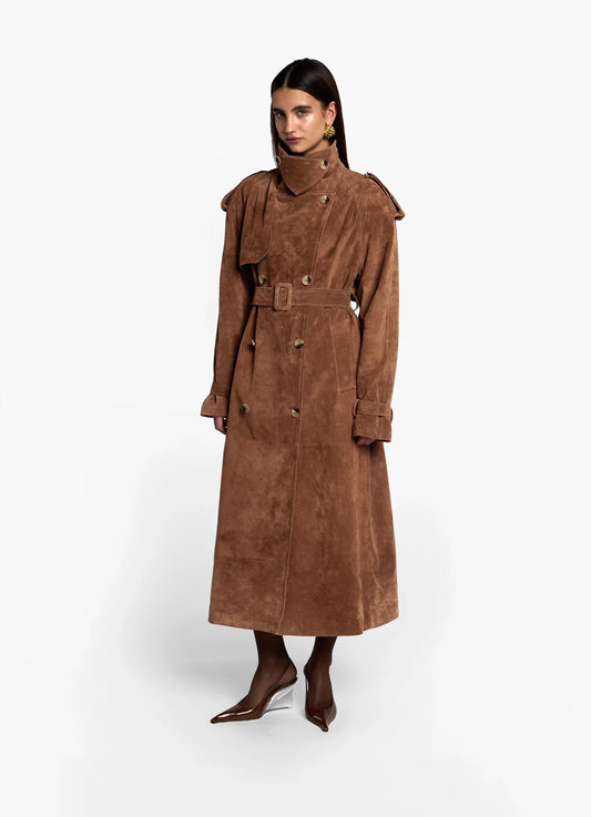 Katerina trench capuccino din piele întoarsă. Lungime 120cm