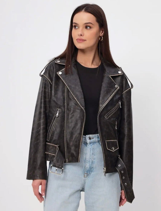 Black Vintage Leather Jacket KALINKA FURS