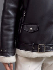 Black Pilot Effect Leather Shearling. Cojoc de iarna cu blana naturala KALINKA FURS