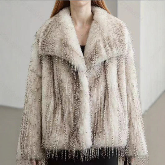 Jacheta din blana ecologică de struț, cu revere