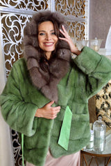 Hooded mink fur coat with marten collar. Haina din blana naturala din vizon cu gluga din jder KALINKA FURS