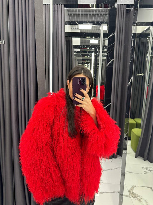 Mongolian Fur in Red. Blana naturala din oaie mongoleza guler revere, 70cm KALINKA FURS