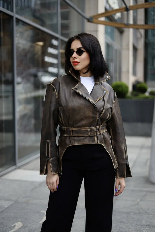 Simina natural vintage biker jacket with washed effect, brown