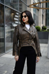 Simina geaca naturala biker vintage gri cu efect spalat