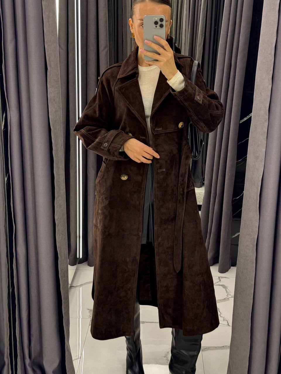 Suede Natural Trench Coat. Trench din piele intoarsa KALINKA FURS
