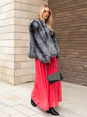 Aurora Haină scurtă din blană de vulpe argintie cu guler în formă de V