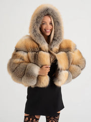 Daria Haină scurtă din blană naturală de vulpe de stepă, cu glugă