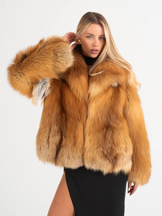 Manteau Claudia Short en fourrure de renard naturel avec col anglais